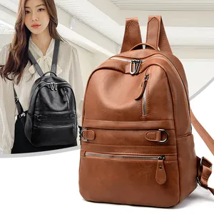 Dames Casual PU Leer Rugzak Grote Capaciteit Minimalistisch Effen Kleur Multi Rits Reistas Student Schooltas