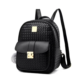 Fashion Woven PU Leather Backpack For Women Casual School Bag With Metal Lock And Plush Ball Pendant Modern Stylish Daypack