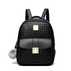 Women's black faux leather backpack with woven texture and gold metal buckle