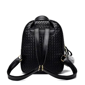 Black woven PU leather backpack for women featuring a grey pom-pom and gold hardware