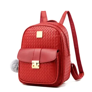 Chic red woven texture PU leather backpack with gold metal buckle and plush ball charm