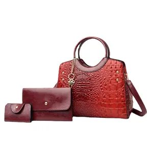 3-piece burgundy crocodile embossed tote set with rivets and detachable shoulder strap