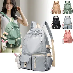 Nylon Large Capacity Color Block School Backpack Outdoor Travel Daypack With Bunny Pendant For Teens Men Women Students