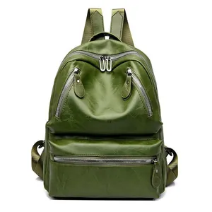 Vintage dark green PU leather backpack for women featuring multiple zipper pockets