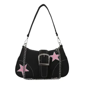 Y2K canvas underarm bag with pink star embroidery and white contrast stitching
