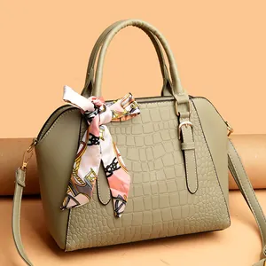 Three-piece crocodile embossed sage green satchel bag with decorative floral scarf
