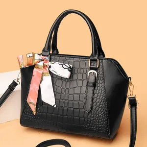Chic black crocodile embossed handbag set with silk scarf and gold chain detail