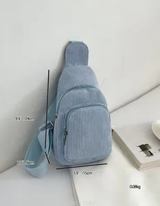 Detail view of light blue corduroy crossbody bag showing size 24x15x6cm and texture