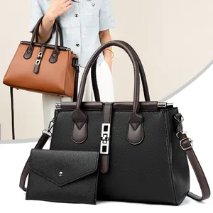 Borsa Tote da Donna alla Moda in Pelle PU con Grana Litchi e Piccola Pochette a Busta Tinta Unita Tracolla per Uso Quotidiano