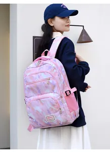 Detailed side view of pink camo kids backpack with multi-layer zippers and side mesh pocket