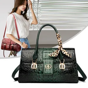 Women Crocodile Pattern PU Leather Top Handle Bag Vintage Shoulder Crossbody Bag With Leopard Scarf Decoration Satchel