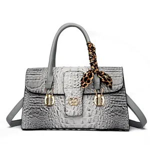 Grey crocodile texture tote bag with leopard silk scarf handle and gold interlocking logo