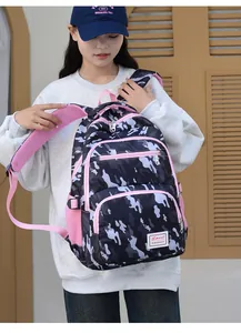 Detail of pink camouflage backpack featuring side mesh pockets and multi-zipper storage