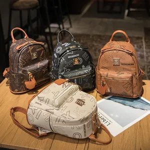 Women Fashion Mini Backpack Synthetic Leather Letter Print Casual Travel Bag With Metal Plate Decoration And Bear Pendant