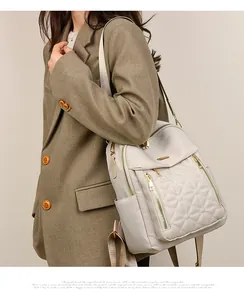 Dettaglio dello zaino trapuntato beige con cerniere dorate e spallacci regolabili
