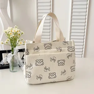 Detail der Cord-Tragetasche mit Bären-Print, Smile-Text und Außentasche