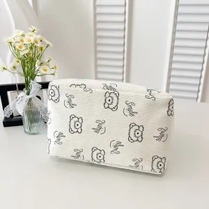 Detail der weißen Cord-Mini-Tragetasche mit Smile-Bär-Muster und Streifenstruktur
