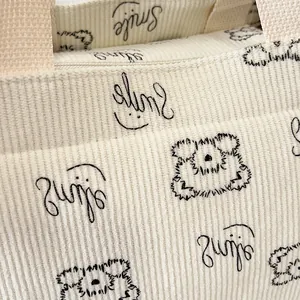 Detailansicht der beigefarbenen Cord-Einkaufstasche mit Bärenstickerei und Reißverschluss