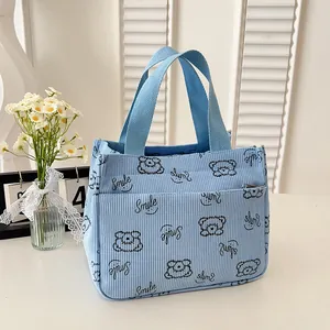 Detail der hellblauen Cordtasche mit Bärendruck und stabilen Tragegriffen