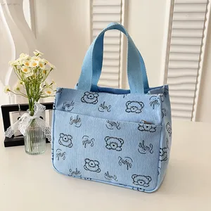 Detailaufnahme der hellblauen Cord-Tragetasche mit Bärenprint und Fronttasche