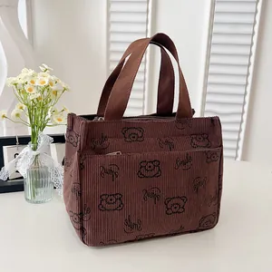 Nahaufnahme der braunen Cord-Handtasche mit Bärenmuster und Smile-Text im Heim-Stil