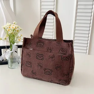 Detail der dunkelbraunen Cordtasche mit Bärendruck und kleiner Reißverschlusstasche