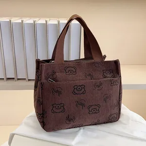 Detail der braunen Cord-Tragetasche mit Bärenmustern und Smile-Stickerei-Struktur