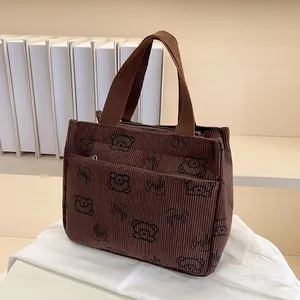 Detailansicht der braunen Cord-Handtasche mit Smile-Text und Bärenmuster