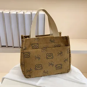 Detail einer braunen Cord-Tragetasche mit Bärenprint und cremefarbenen Webgriffen