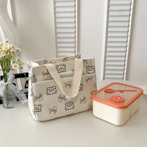 Detail der Cord-Lunchtasche mit Bärenprint neben einer Lunchbox auf einem weißen Schreibtisch