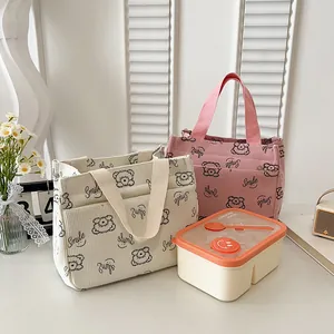 Damen Cord Tote Handtasche Süßer Bär Lächeln Bedruckt Lunchtasche Student Kleine Tragbare Wiederverwendbare Shopping Casual Tasche