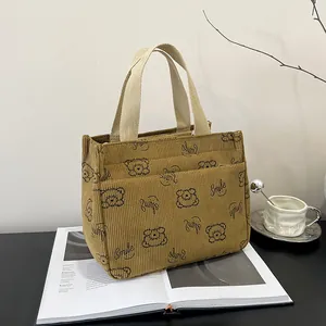 Detail der khakifarbenen Cord-Einkaufstasche mit Bärenmuster und drei Vordertaschen