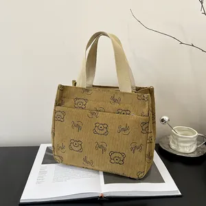Nahaufnahme der khakifarbenen Cord-Einkaufstasche mit Bärenprint und Smile-Schriftzug