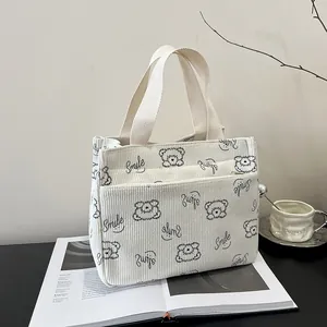 Detailaufnahme der cremefarbenen Cord-Tasche mit niedlichem Bärenmuster und Smile-Text