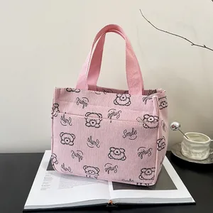 Rosafarbene Cord-Handtasche mit schwarzem Bärenmotiv und Smile-Aufdruck für Damen