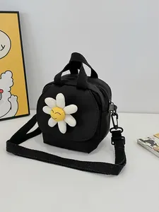 Japanese style black canvas crossbody bag with cute sunflower decoration and strap