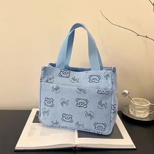 Detail der hellblauen Cord-Handtasche mit Bären-Motiv und Smile-Schriftzug auf Tisch