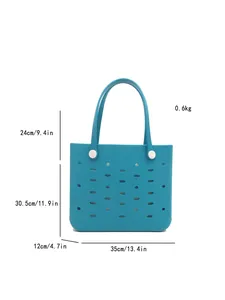 Maße der blauen EVA-Strandtasche: Höhe 30,5 cm, Breite 35 cm und Henkel 24 cm