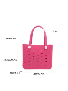 Detailansicht der pinken EVA-Strandtasche mit Löchern und Maßen: 35x12x30,5 cm