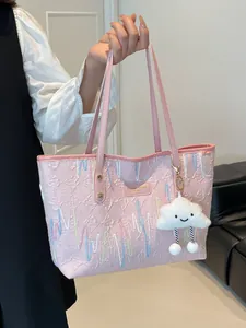 Pink striped embroidered tote bag with plush cloud charm for stylish casual commuting
