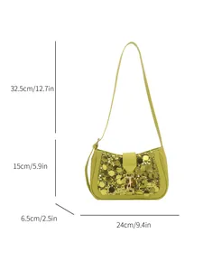Detailed size chart of avocado green sequin shoulder bag with strap measurements