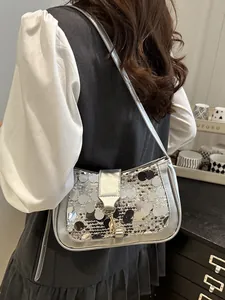 2025 Trendy Women Sequin Underarm Bag Patchwork PU Leather Shoulder Bag Metallic Lock Small Crossbody Handbag For Party Daily