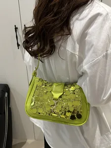 Chic neon green sequin baguette shoulder bag with metal buckle for 2025 party fashion