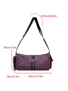 Diagrama de dimensiones detallado del bolso de viaje de nailon morado con medidas de talla
