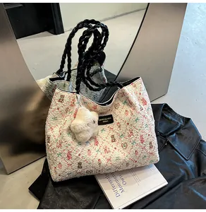 Detail of off-white canvas tote with bear prints, woven handles and star charm