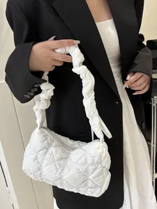 White quilted cloud shoulder bag with scrunchie strap and puffy nylon fabric