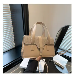 Detail of glitter diamond flap and metal swivel lock on beige leather handbag