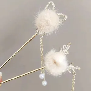 Cute fuzzy hair pin set with cat ears, antlers, sparkling rhinestones and white pompoms