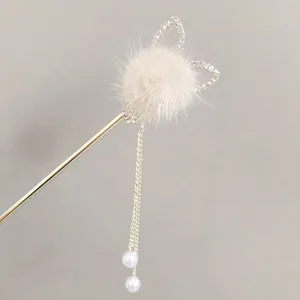 Cute plush cat ear hair stick with white faux fur ball and rhinestone tassels for women