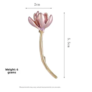 Pink lotus flower brooch size detail showing 2cm width and 5.5cm length on white background